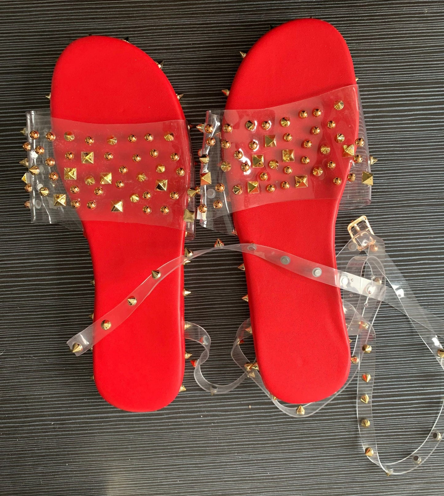 8.5 / Red Fashion New Style Glitter Footwear Slides with Studded Decoration Flat Plus Size Women's Rivets Sandals