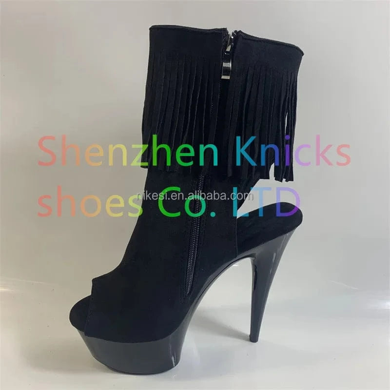 8 / Black 6inch-15cm Sexy nightclub pole dance performance low ankle boots fringe toe ultra high heel with crystal waterproof platform