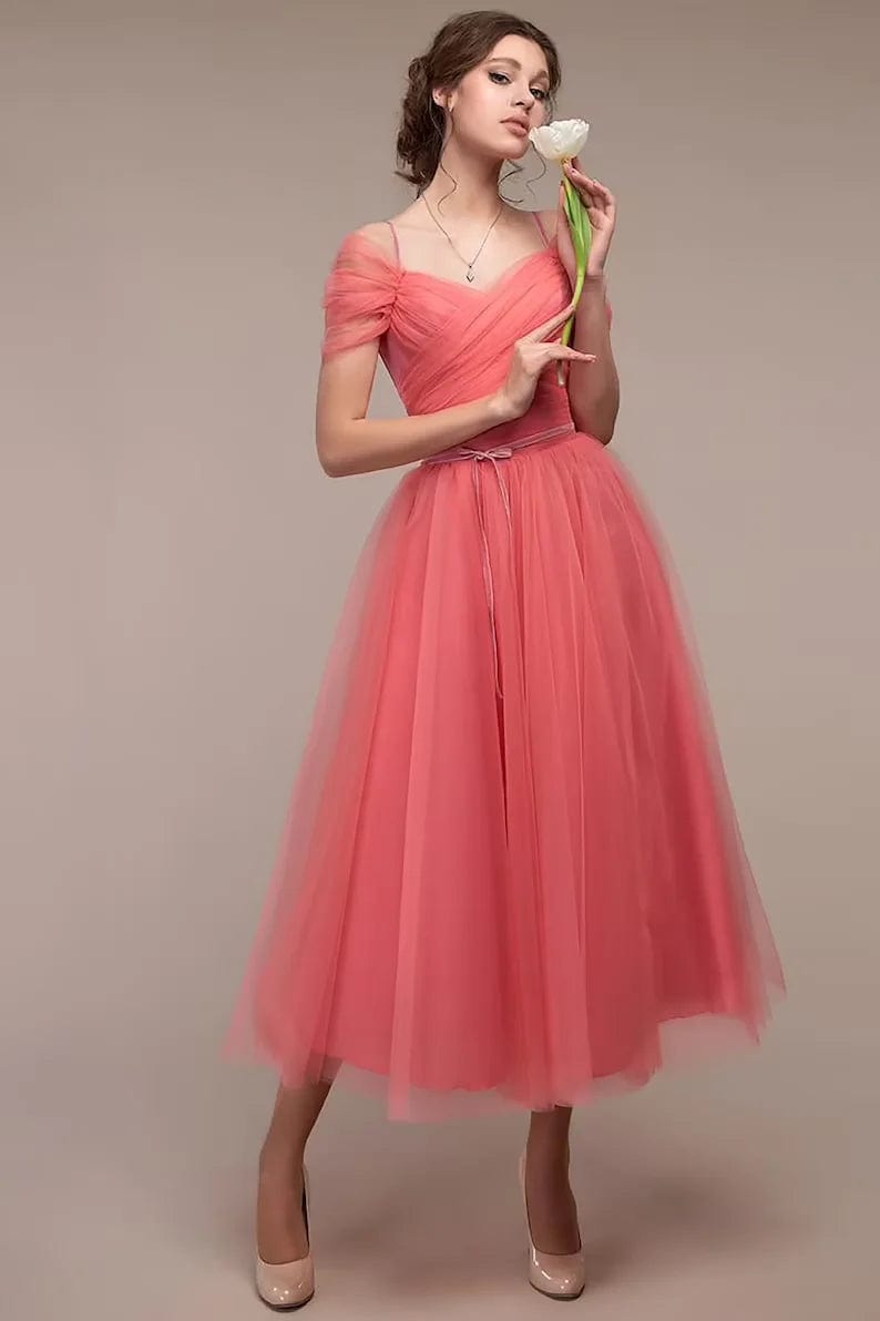 8 / CORAL RED off the shoulder Pleats Chiffon Princess dress Tulle ball gown homecoming quinceaneras Sweetheart Prom Dresses party Evening rob