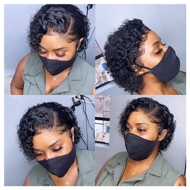8 Inches / black Perruque Pixie Cut Wig Human Hair Coupe Courte Natural Color Curly Wave Bleached Knots 13x4 Lace Frontal Wig with Baby Hair