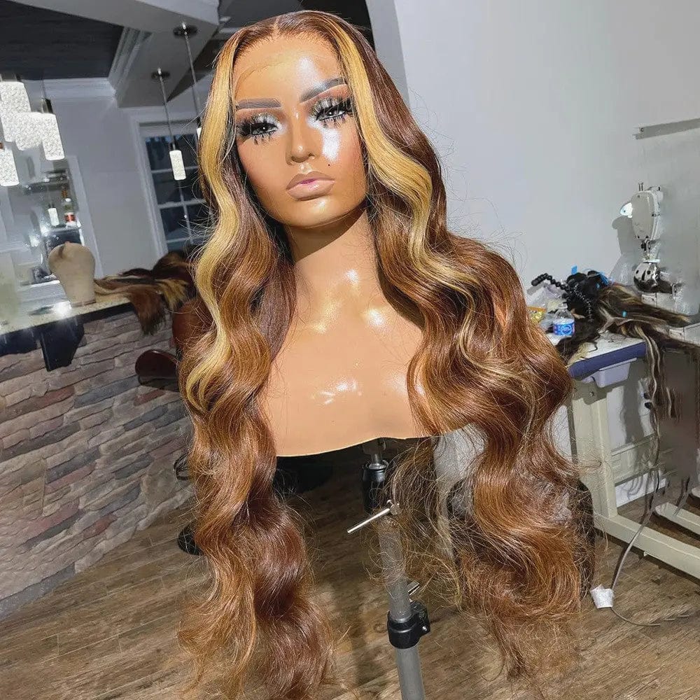 8 Inches / Color 5 Popularity Loose Body Wave Ombre Honey Brown Blonde Highlight Virgin Burmese Cuticle Aligned Hair Lace Front Wigs
