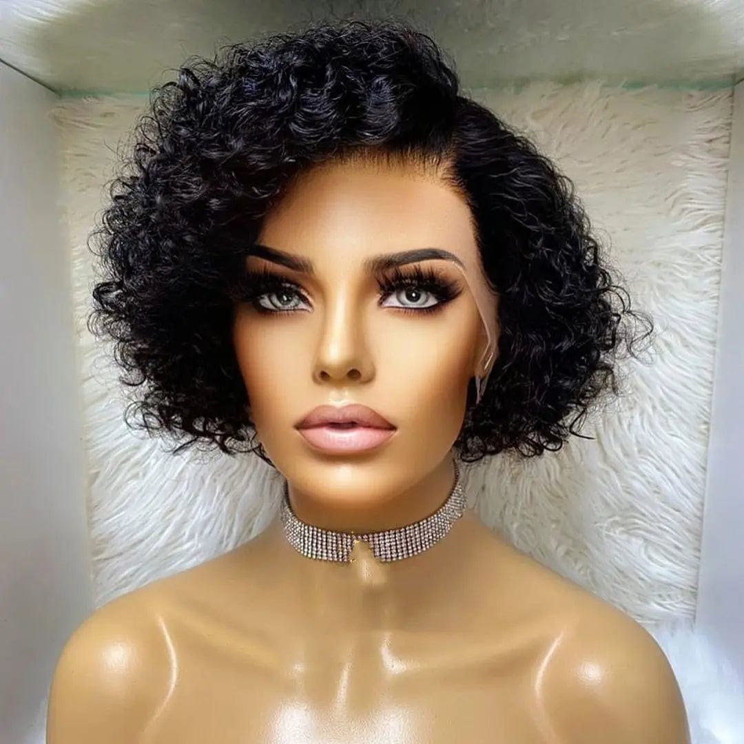 8 Inches / # Color1 Full Virgin Human Hair Natural Black Color Kinky Curly Wig Short Pixie Pre Plucked Cuticle Aligned Lace Front Wigs