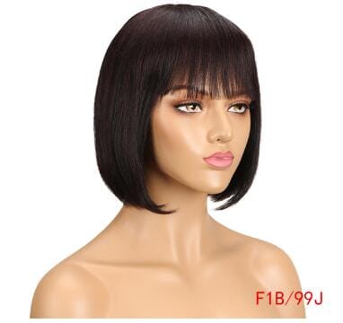 8 Inches / F1B-99J Sleek Wholesale Straight Bob Wig Brazilian Remy Hair Human Hair Wigs For Women Ombre Color Full Machine Made Wig With Bang