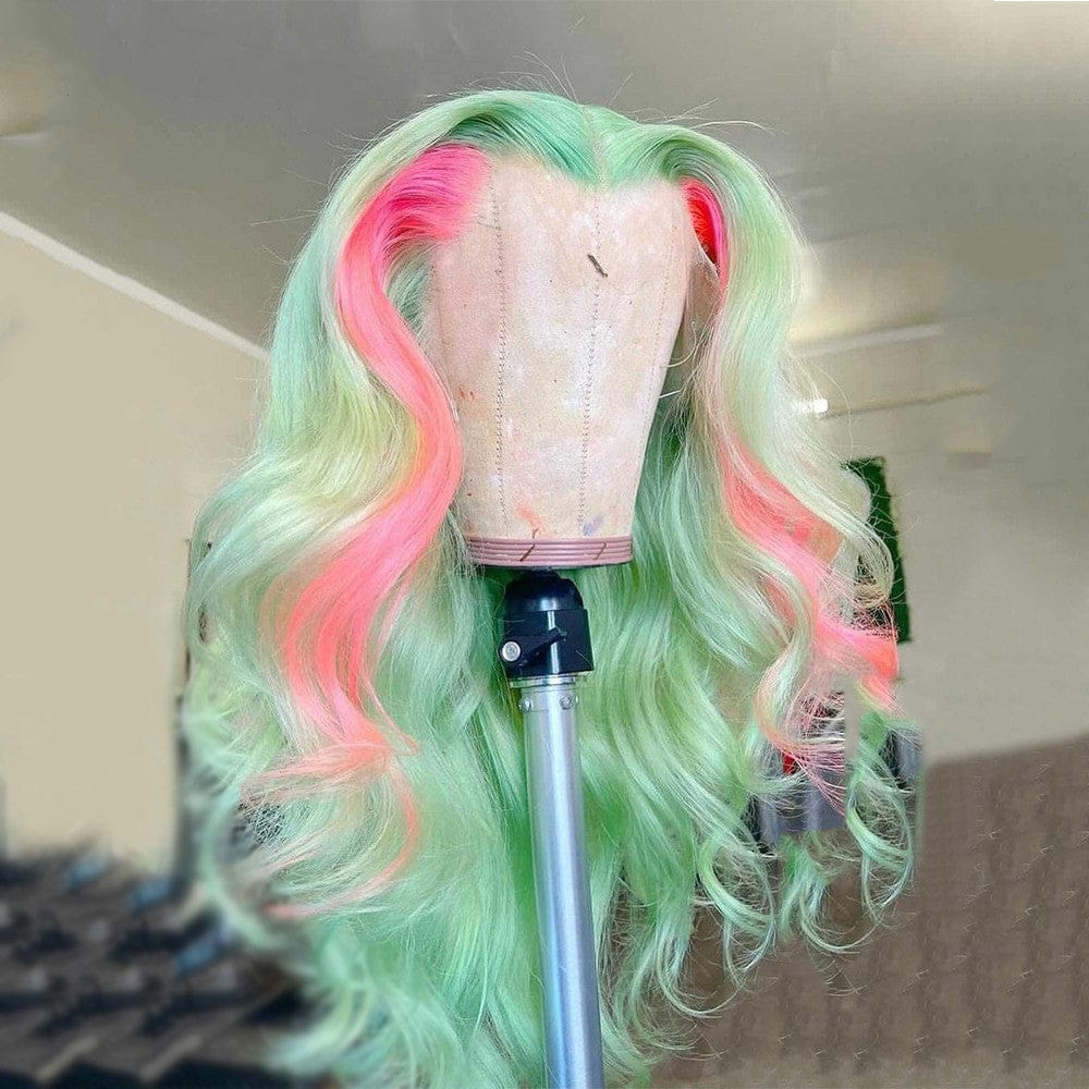 8 Inches / Highlight Green Pink Grey Pink Color Loose Wave Human Hair Cuticle Aligned Hair Lace Front Wigs For Black Women