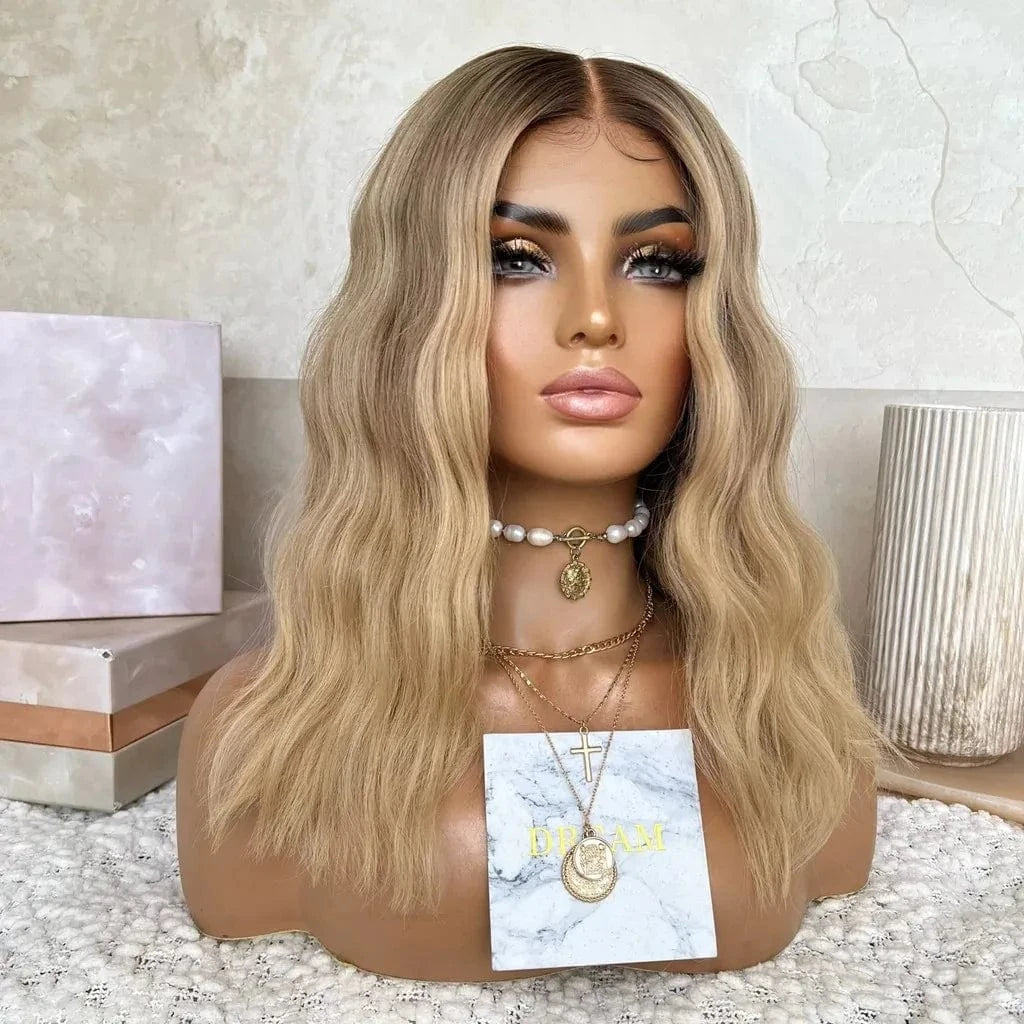 8 Inches / Wig 4 Freedom Same 150% Density Ash Blonde Highlight Color Natural Wave Virgin Remy European Cuticle Hair Lace Front Wigs For Women