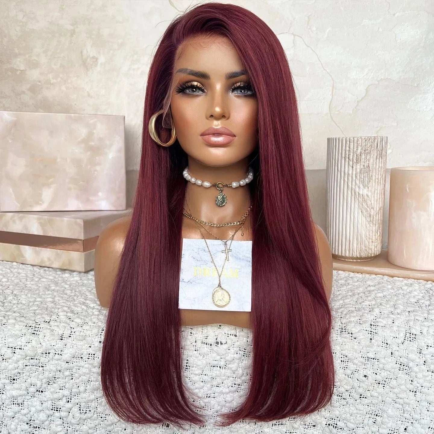 8 Inches / Wig 5 Qingdao Wig Small Knots 150% Density Reddish Brown Color Virgin Remy Cuticle Aligned Human Hair Lace Front Wigs