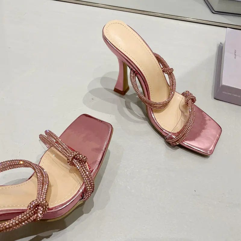 8 / Pink BUSY GIRL XSD4428 Mule High Heels Shoes for Women Mules Heels Gold Rhinestone 2023 New Botas Heeled Sandals Women Slide Slippers