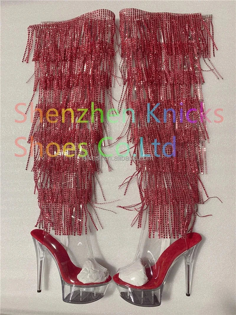 8 / Red 6inch-15CM Crystal shoes Black and red  tassel boots super high heel diamond tassel boot