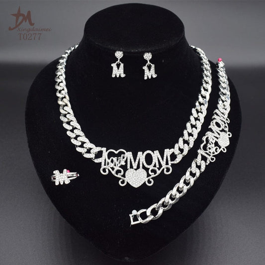 8 / Silver color T0277 Mom Gift high quality silver color Cuban chain I love you MOM jewelry set i love you mom necklace