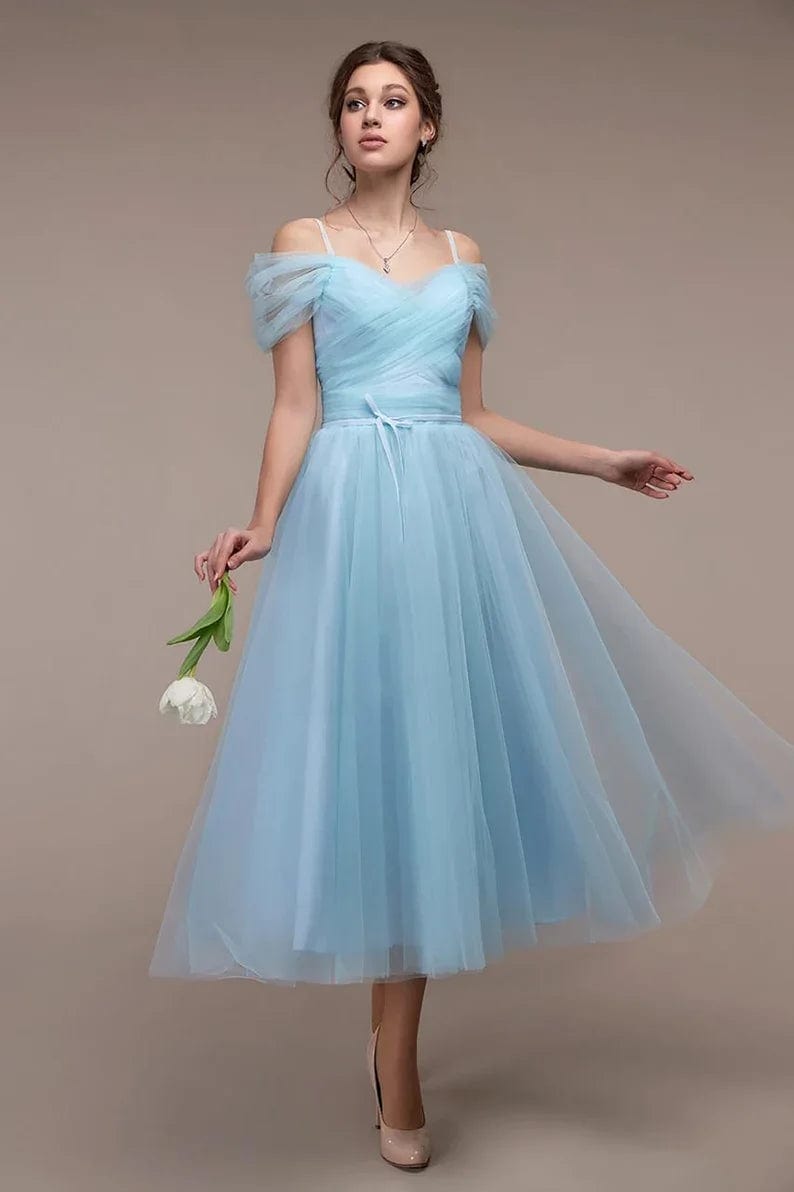 8 / Sky Blue off the shoulder Pleats Chiffon Princess dress Tulle ball gown homecoming quinceaneras Sweetheart Prom Dresses party Evening rob