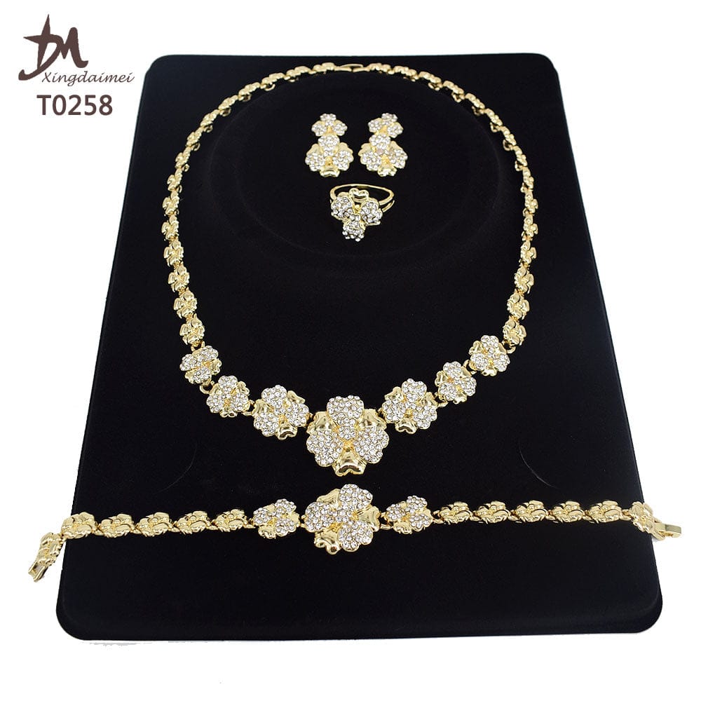 8 / T0258 T0258 Wholesale Fashion Women's 18K gold plated 4piece flower jewelry set gold set fashion jewelry