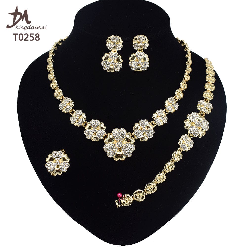8 / T0258 T0258 Wholesale Fashion Women's 18K gold plated 4piece flower jewelry set gold set fashion jewelry