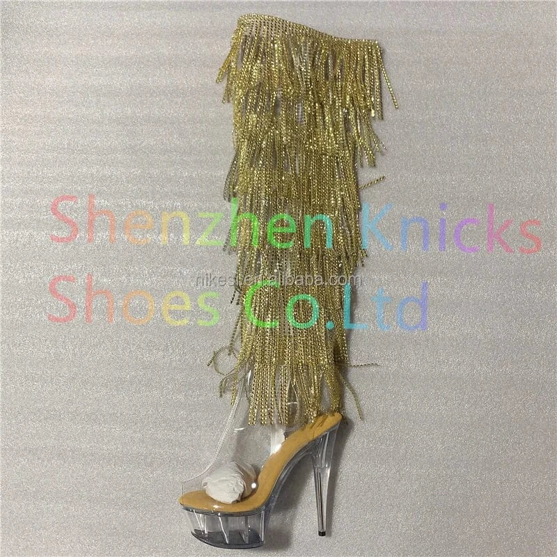 8 / Yellow 6inch-15CM Crystal shoes Black and red  tassel boots super high heel diamond tassel boot