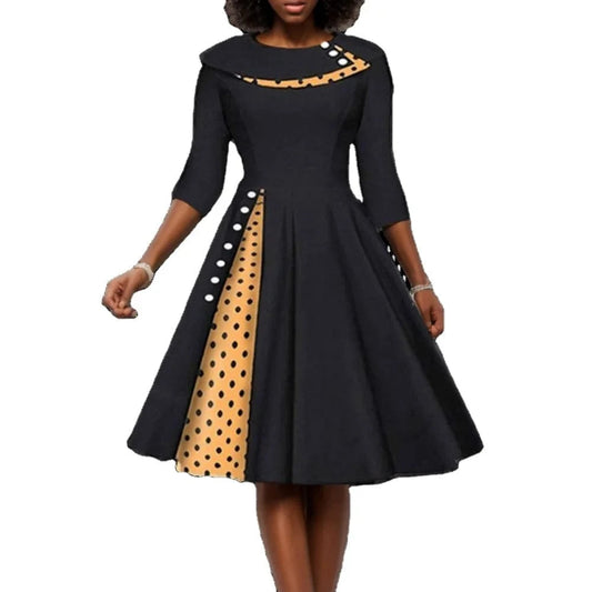 80322-MX23 Vintage Dot Print O Neck Flare Large Hemline Women Dresses Sehe Fashion