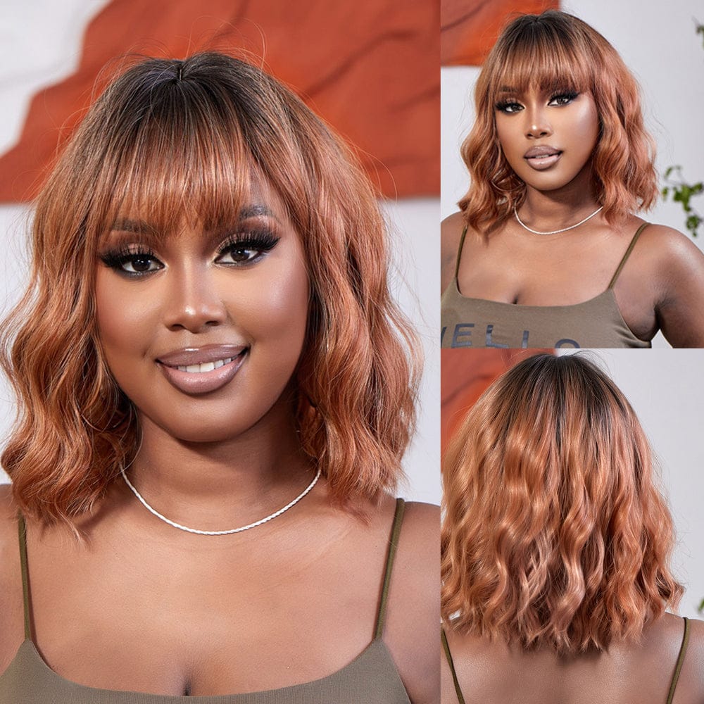 8076-1 Factory stock Short Straight Synthetic Wigs for Women Blonde to Brown Ombre Bob Wigs with Bangs Daily Heat Resistant Hair