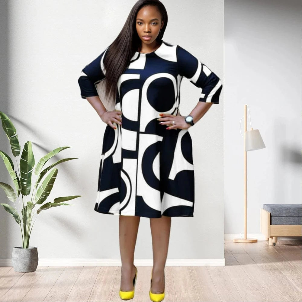 80927-MX23 3 Colors Ethnic Style Office Women Printed Flare and Fit Dresses