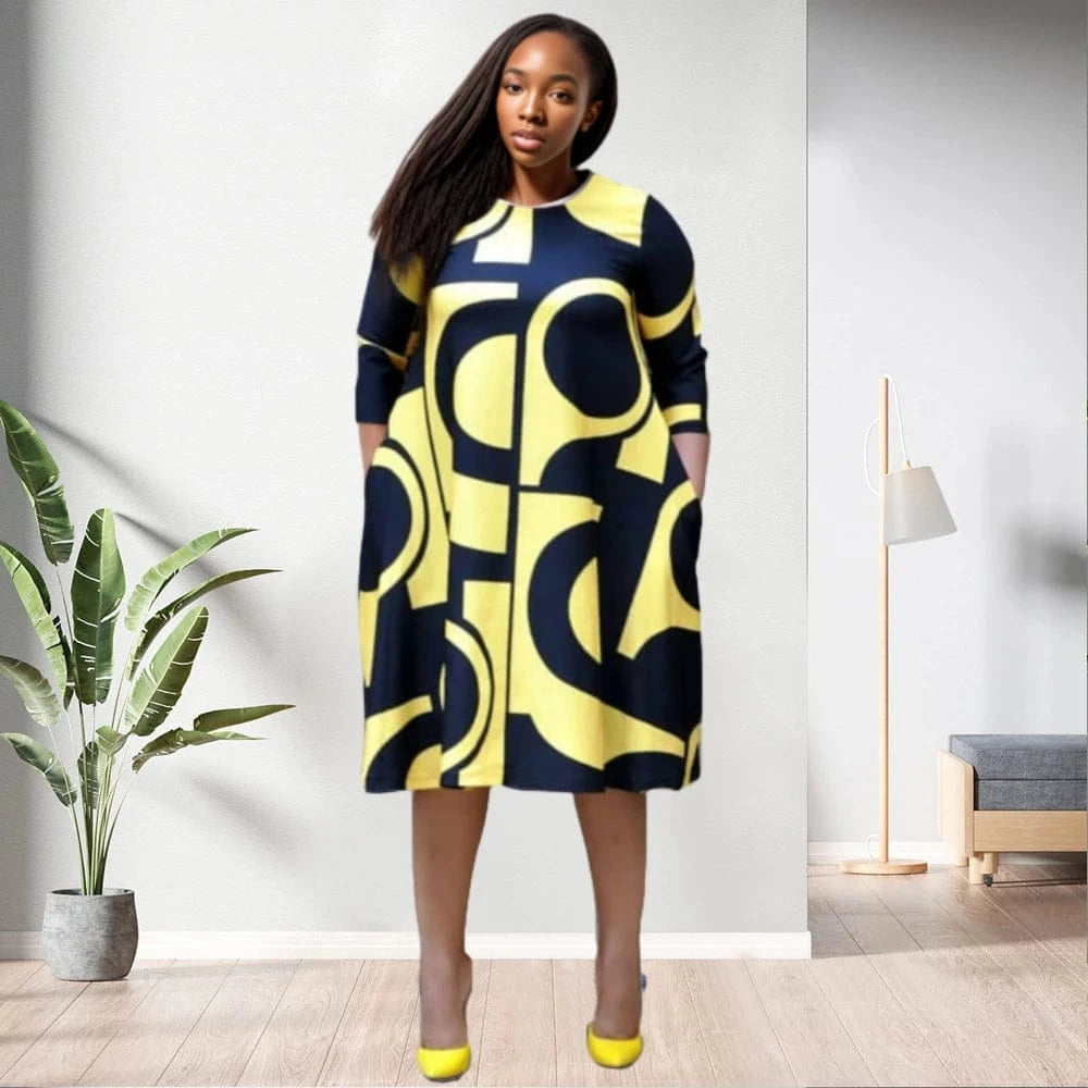 80927-MX23 3 Colors Ethnic Style Office Women Printed Flare and Fit Dresses