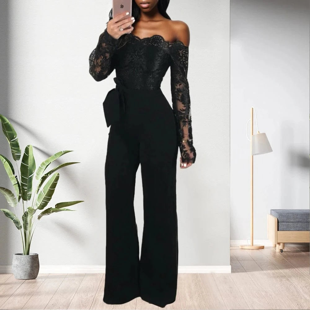 81020-MX40 5 colors lace top off the shoulder long jumpsuit women