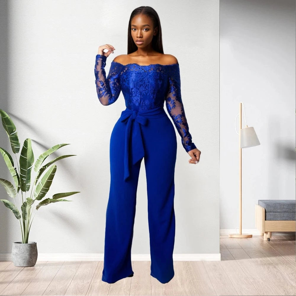 81020-MX40 5 colors lace top off the shoulder long jumpsuit women