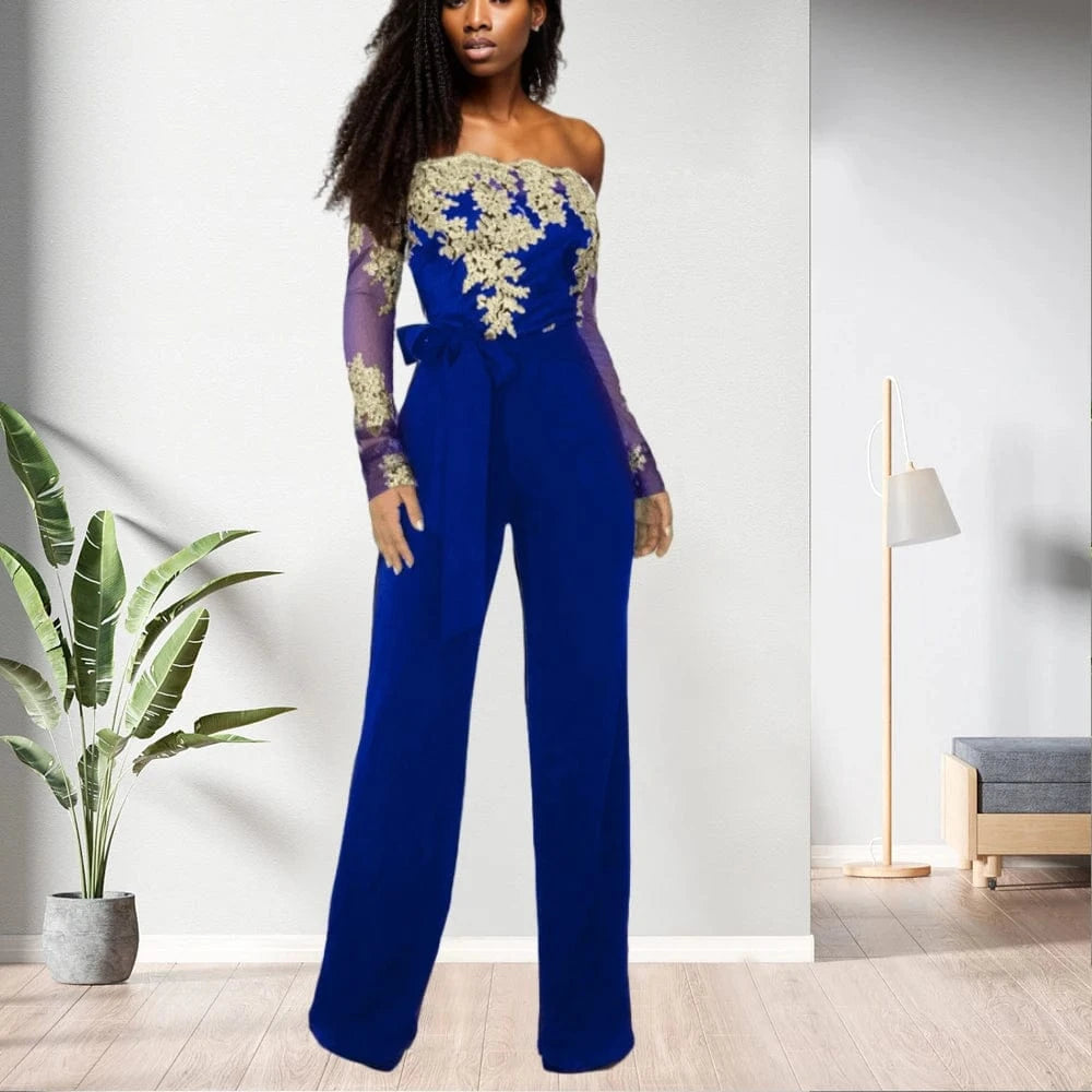 81020-MX40 5 colors lace top off the shoulder long jumpsuit women