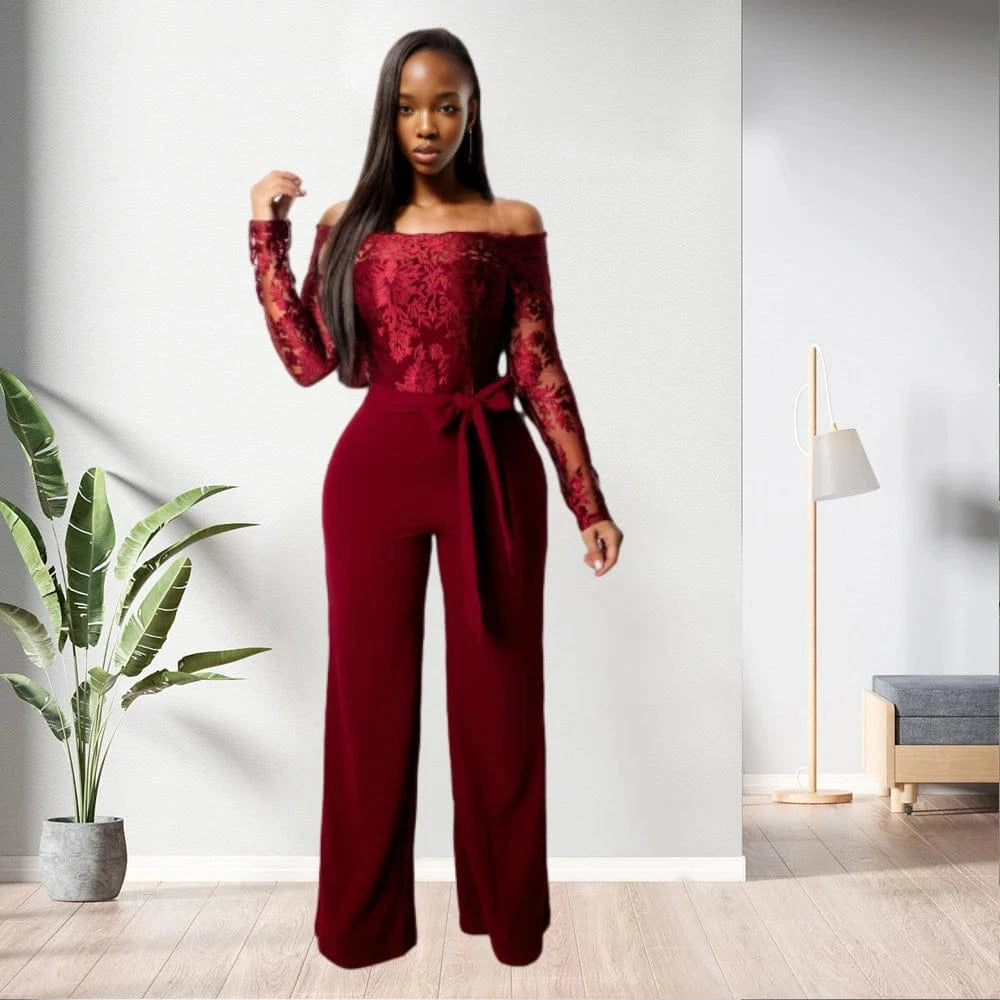 81020-MX40 5 colors lace top off the shoulder long jumpsuit women