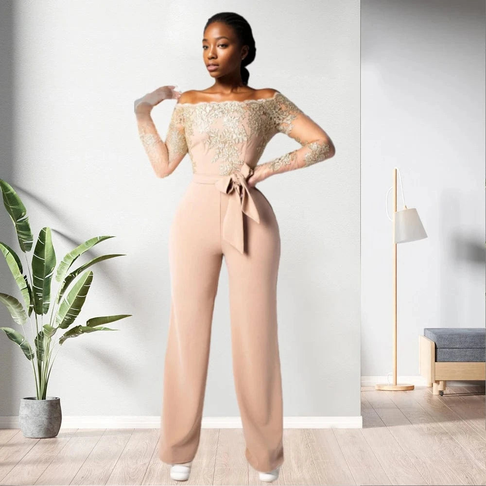 81020-MX40 5 colors lace top off the shoulder long jumpsuit women