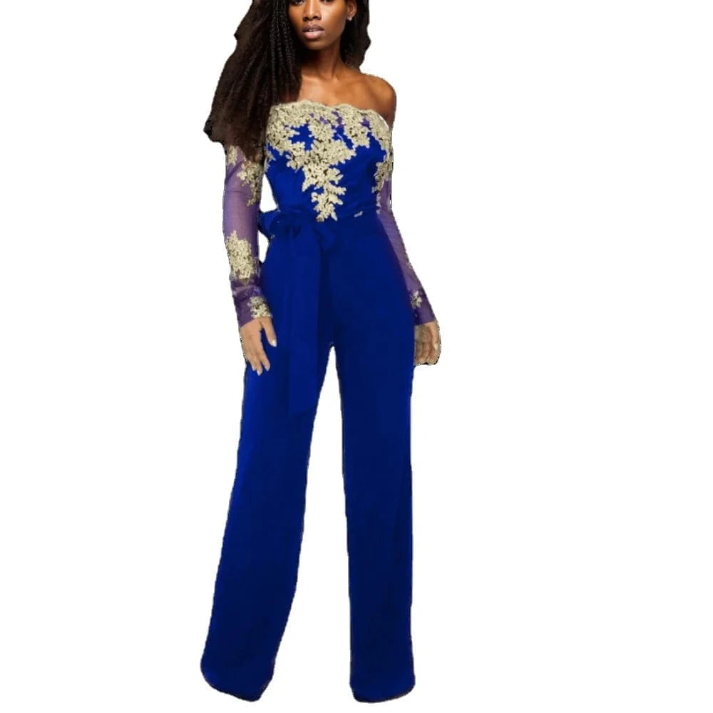 81020-MX40 5 colors lace top off the shoulder long jumpsuit women