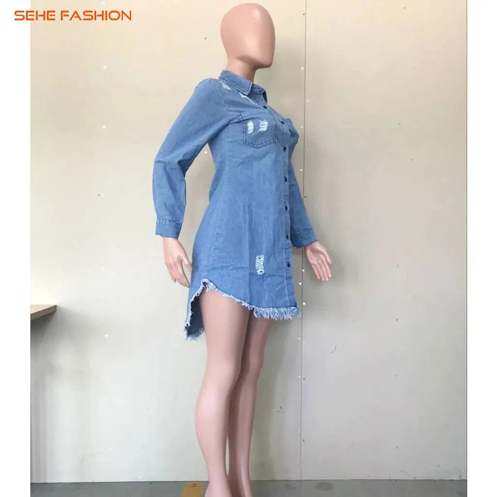 81203-MX79 ripped women denim dress asymmetrical design clothes women