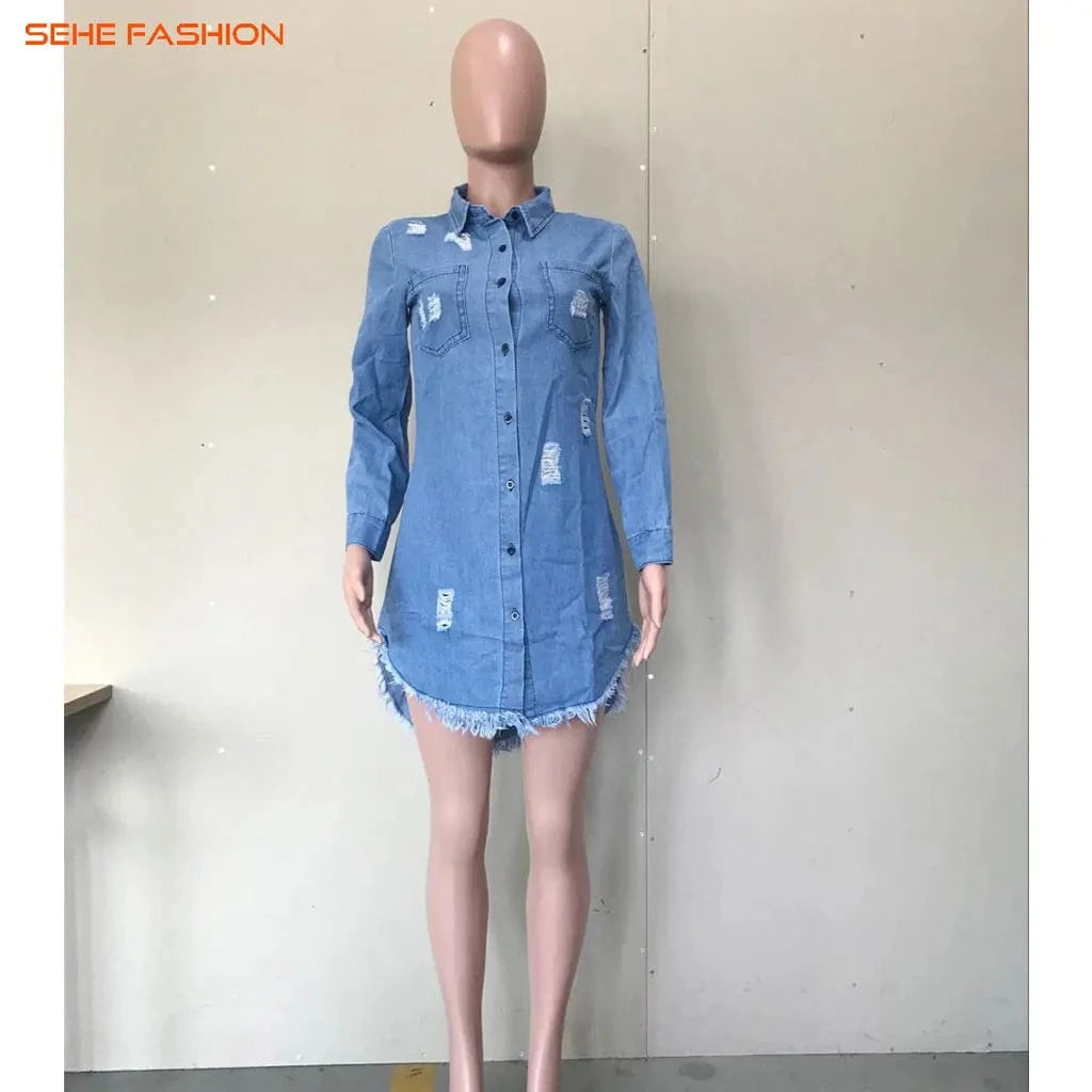 81203-MX79 ripped women denim dress asymmetrical design clothes women