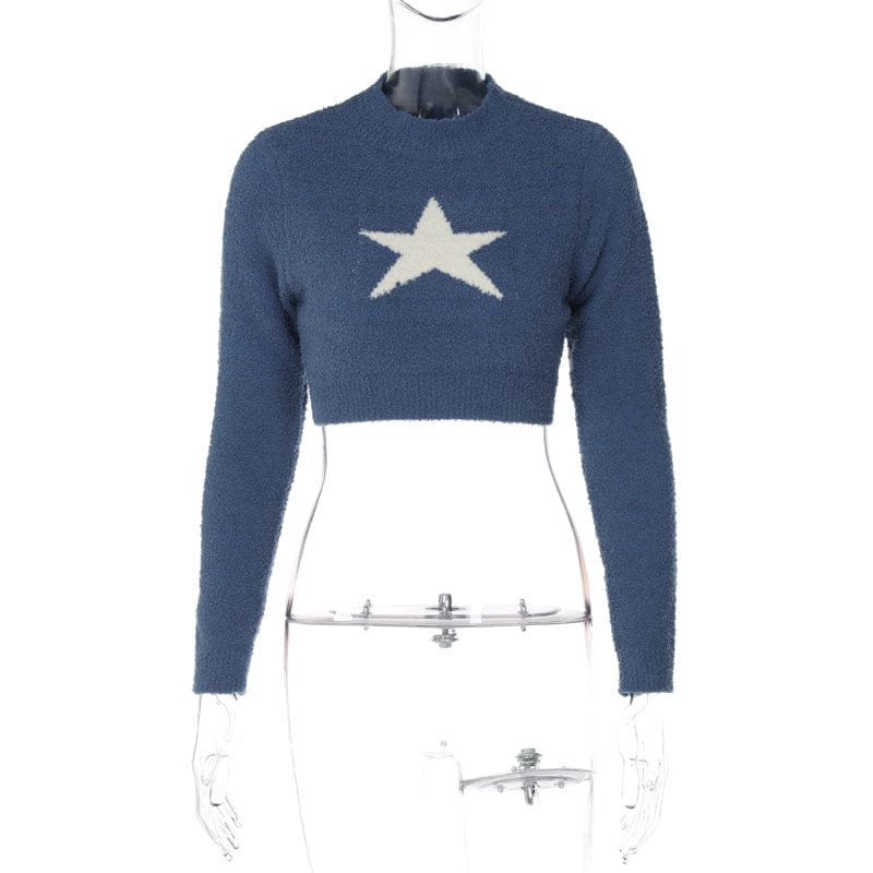 883 Five-Pointed Star Knitting High Waist Long Sleeve O Neck Crop Top 2022 New Fashion Women American Warehouse Clothing