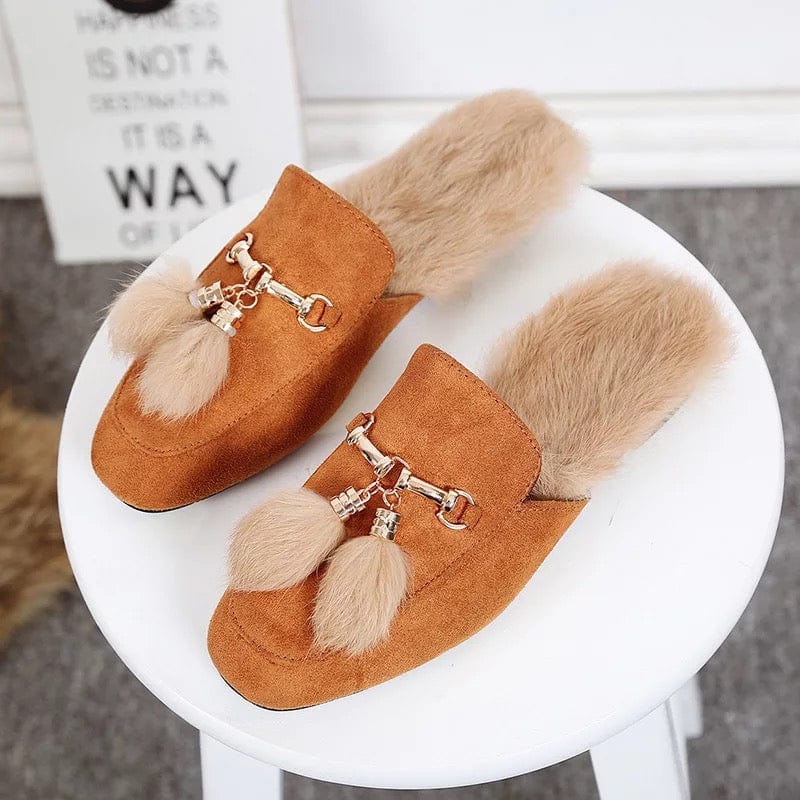 9.5 / BROWN tassel decoration 2022 New Arrival Winter Mules Rabbit Fur Shoes Women Slippers With Metal Chain Tassel Decoration