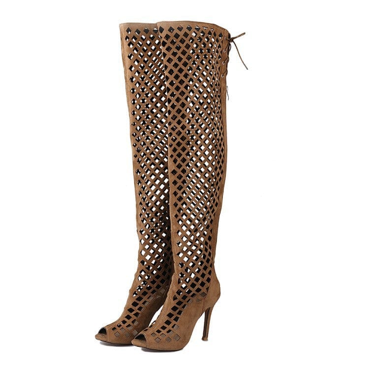 9.5 / Brown TX fashion new sexy  women's hollow out thin heeled sandals solid color net peep toe over knee thigh long ladies boots