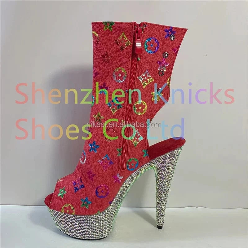 9 / 6 6inch-15CM Heel Back Lace-Up Ankle Boot Featuring the Entire Platform Embellished with Diamond- Shaped AB Rhinestones