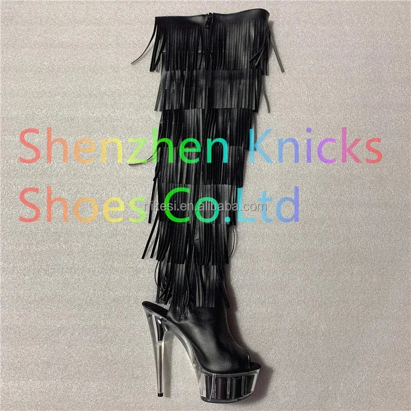 9 / Black 6inch-15CM  Black and white tassel boots super high heel  Leather tassel  boot