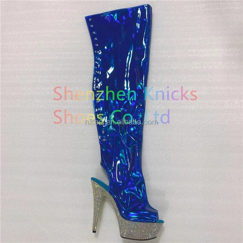 9 / Blue Rncksi  6 "- 15cm super high heel  diamond tassel boot AB diamond sole   Custom color shiny illusion shoes
