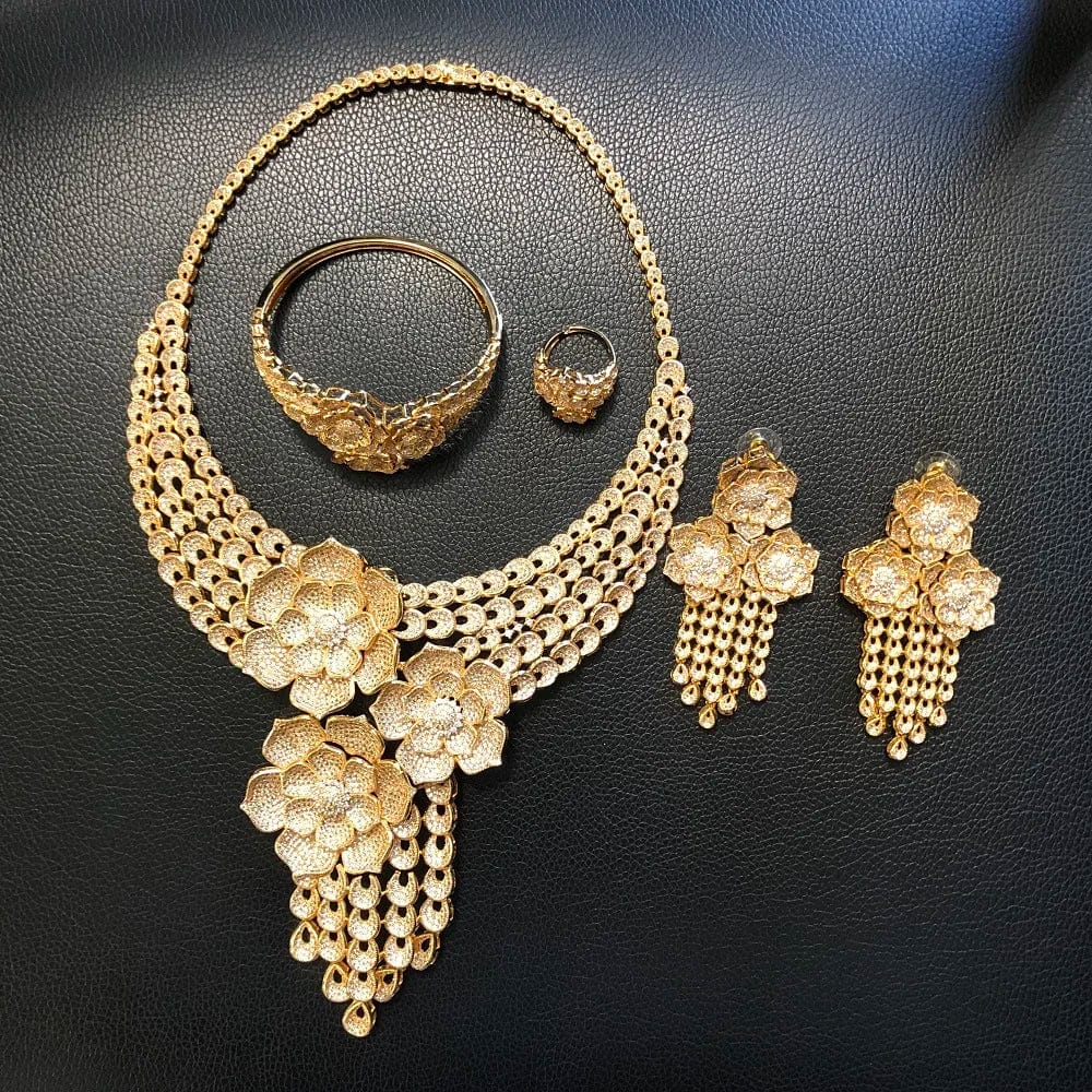 9 / HZ23004215 Latest Fashion 24K 18K Gold Plated Wedding Gift Jewelry set Bridal Zircon High Quality Necklace Earring Bracelet Ring Jewels