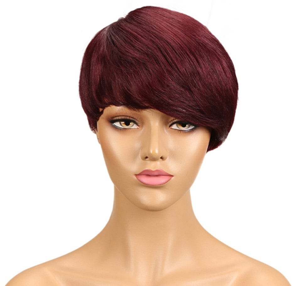 9 INCHES / 99J Sleek quality wholesale dark brown color pixie cut made machine Wigs With Bang Brazilian straight short bob wig Human Hair Wigs
