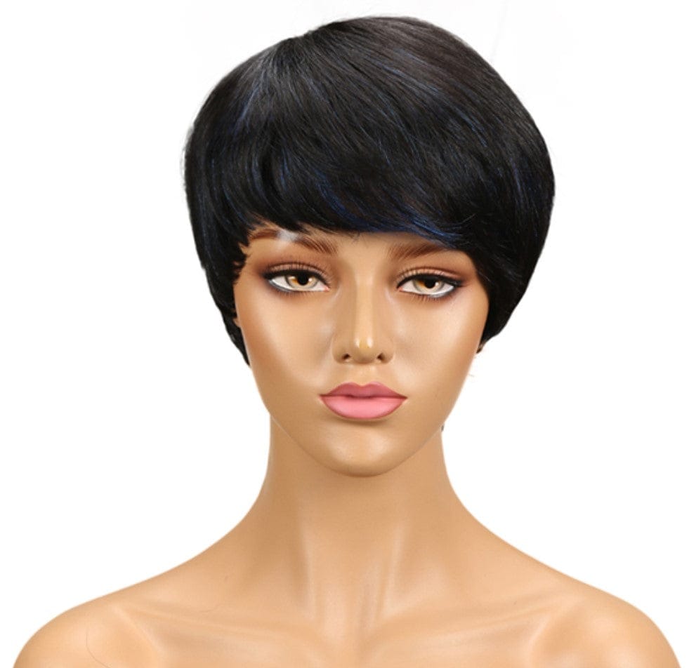 9 INCHES / DYF1B BLUE Sleek quality wholesale dark brown color pixie cut made machine Wigs With Bang Brazilian straight short bob wig Human Hair Wigs