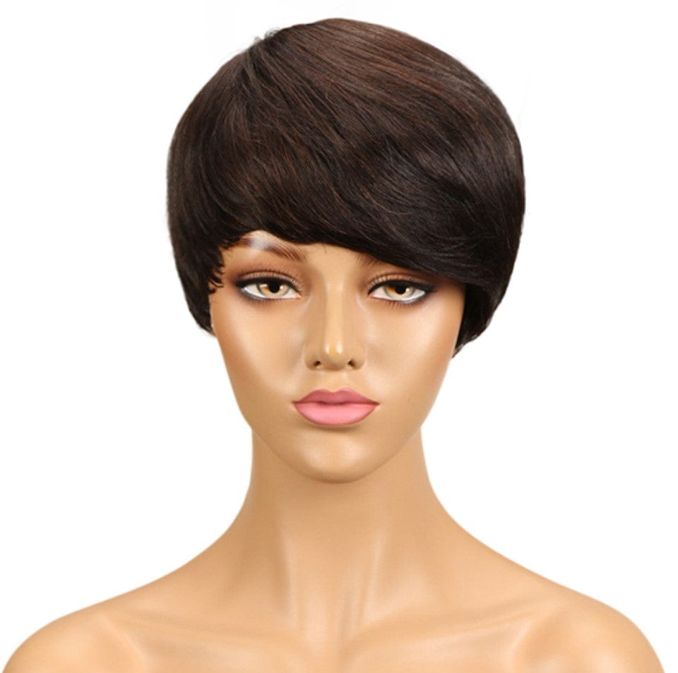 9 INCHES / FW2 33 Sleek quality wholesale dark brown color pixie cut made machine Wigs With Bang Brazilian straight short bob wig Human Hair Wigs