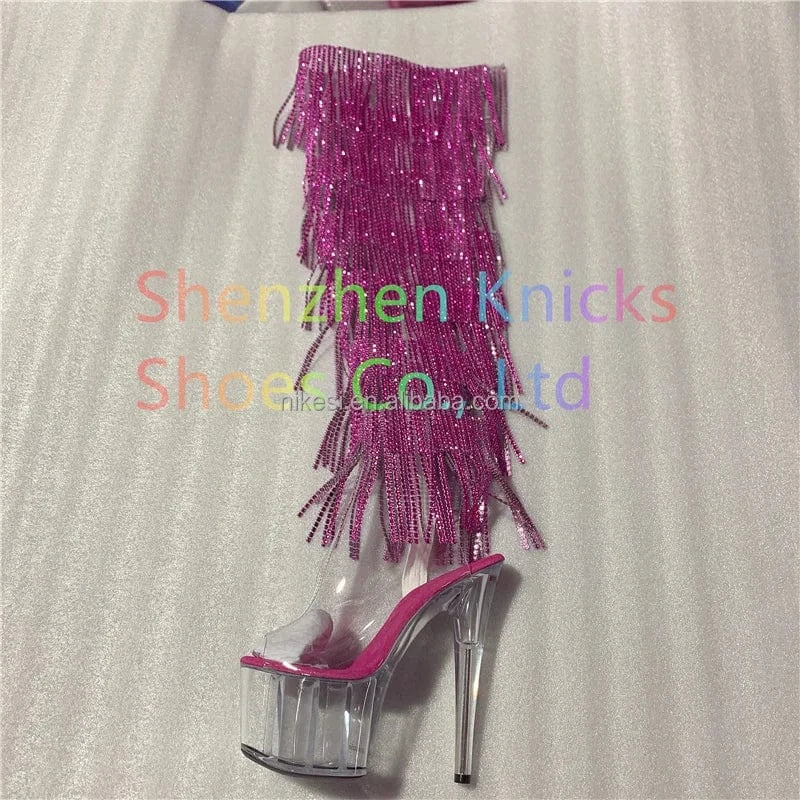 9 / Plum 7inch-17CM Crystal shoes Black and red  tassel boots super high heel diamond tassel boot