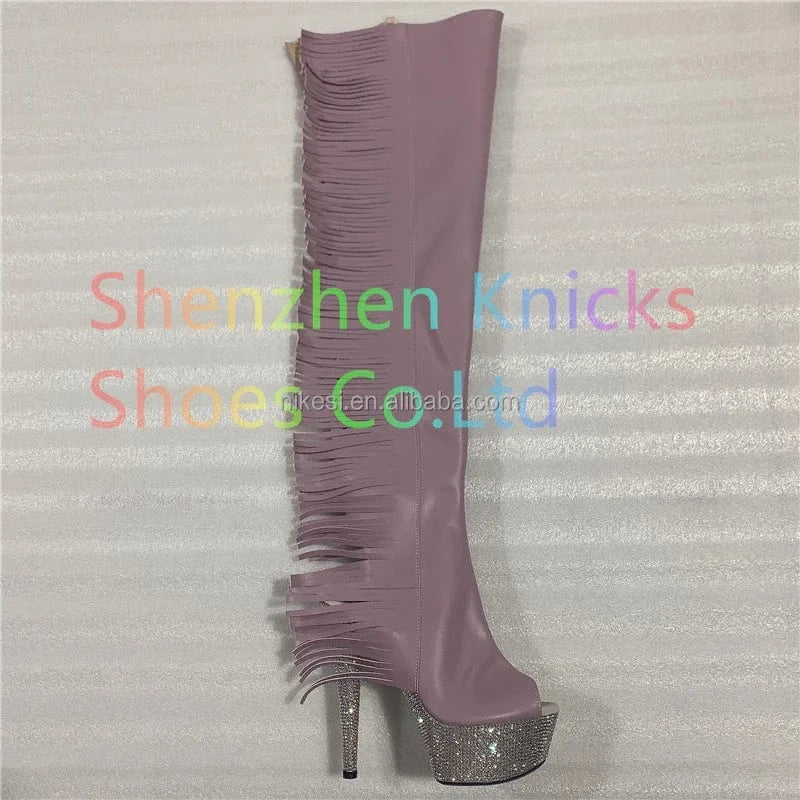 9 / Purple Rncksi 7 "- 17cm super high heel  diamond tassel long boots AB diamond sole shoes   A tassel on the side