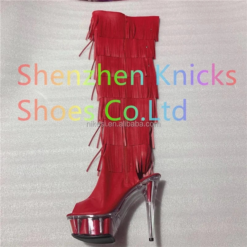 9 / Red 6inch-15CM  Black and white tassel boots super high heel  Leather tassel  boot