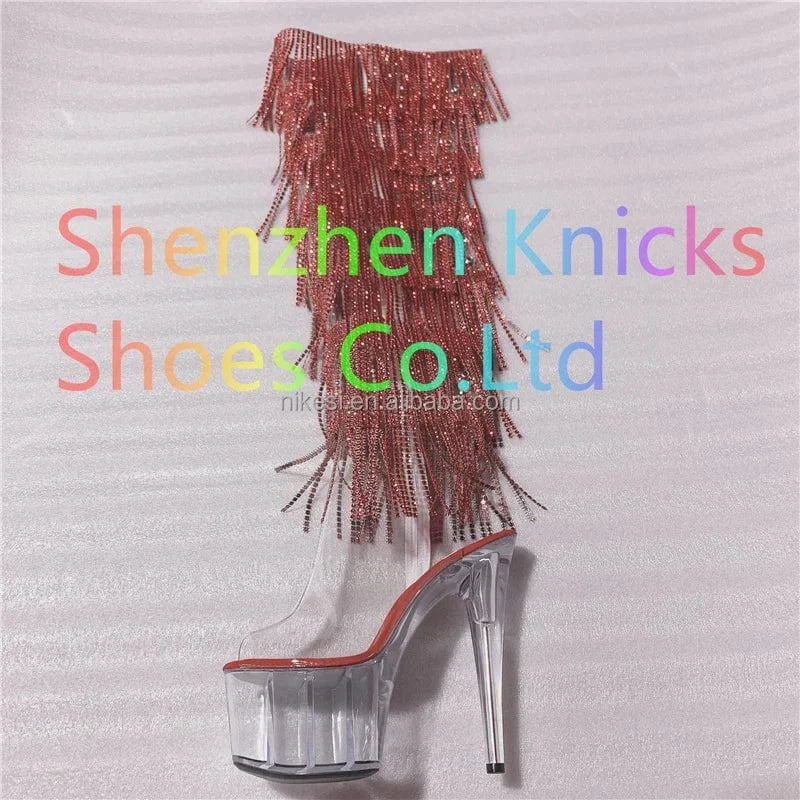 9 / Red 7inch-17CM Crystal shoes Black and red  tassel boots super high heel diamond tassel boot
