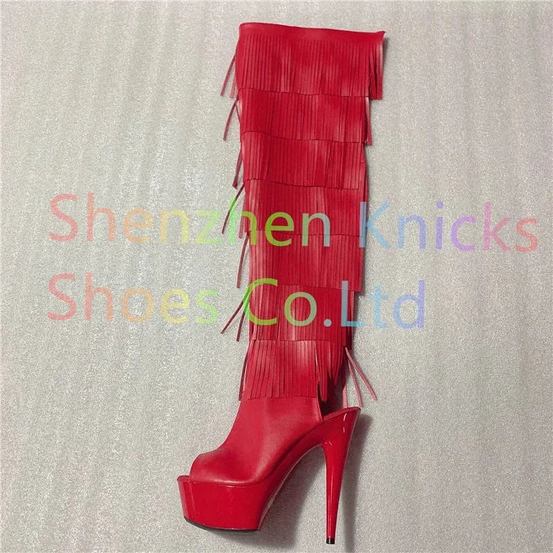 9 / Red+matte13 6inch-15CM Black white and red  tassel boots super high heel  Leather material  tassel boot