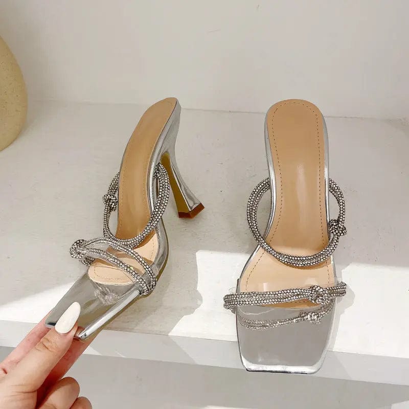 9 / silver BUSY GIRL XSD4428 Mule High Heels Shoes for Women Mules Heels Gold Rhinestone 2023 New Botas Heeled Sandals Women Slide Slippers