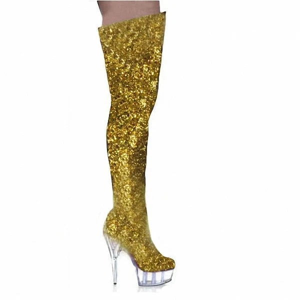 9 / Yellow 15 cm sexy hate day superb high tall canister boots the knee-high boots pole dancing performance stage shows dress shoress shoes