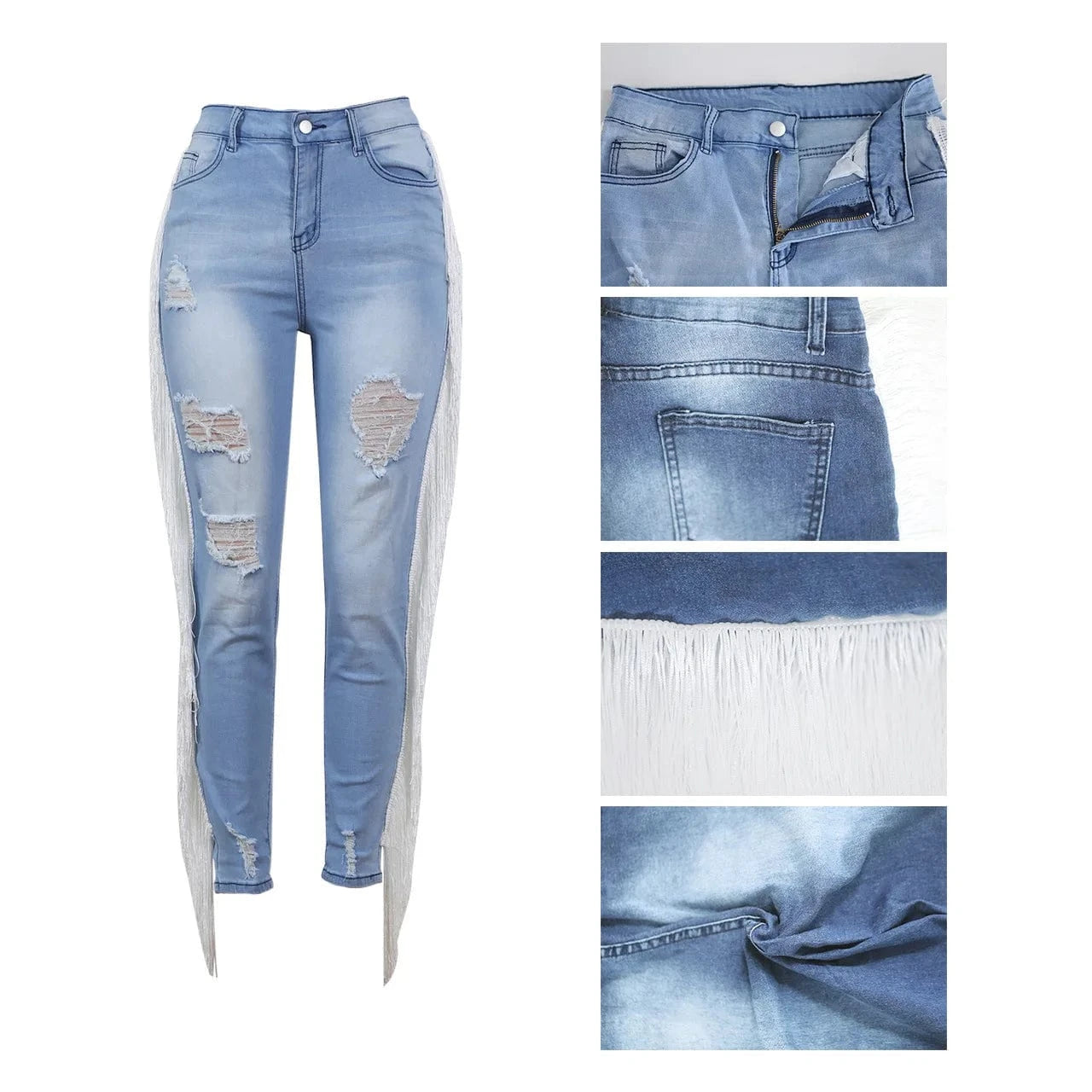 90821-MX6 new design tassel style denim ripped jeans women 2019