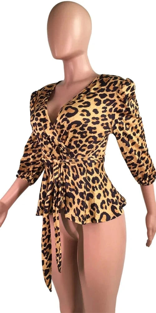 90821-MX71 Leopard Print Ruffles Women's Leopard Blouses & Shirts Sehefashion