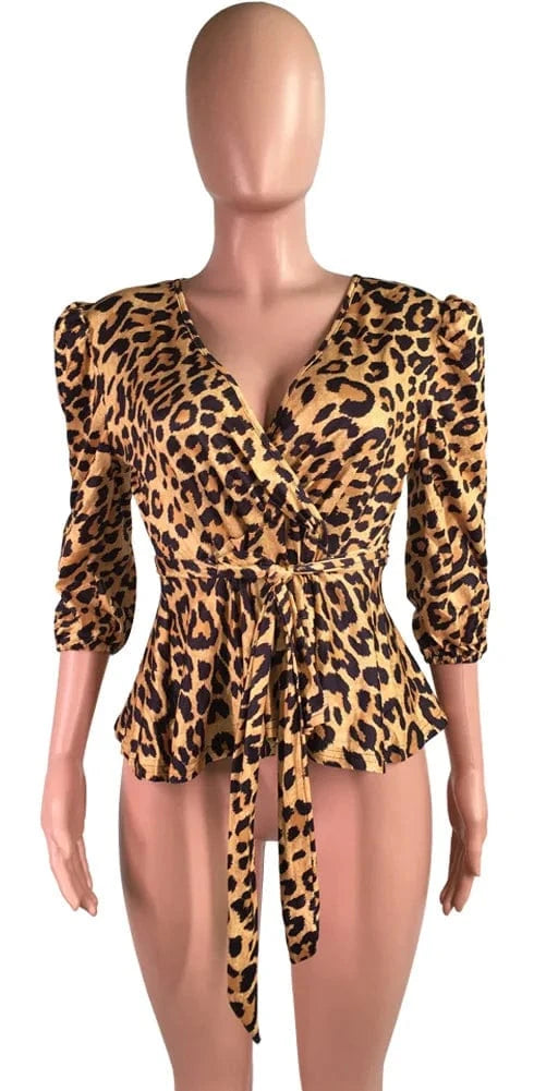 90821-MX71 Leopard Print Ruffles Women's Leopard Blouses & Shirts Sehefashion