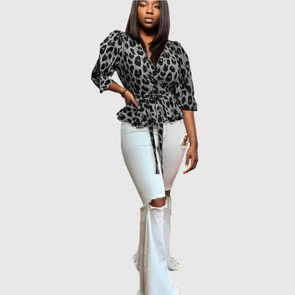 90821-MX71 Leopard Print Ruffles Women's Leopard Blouses & Shirts Sehefashion